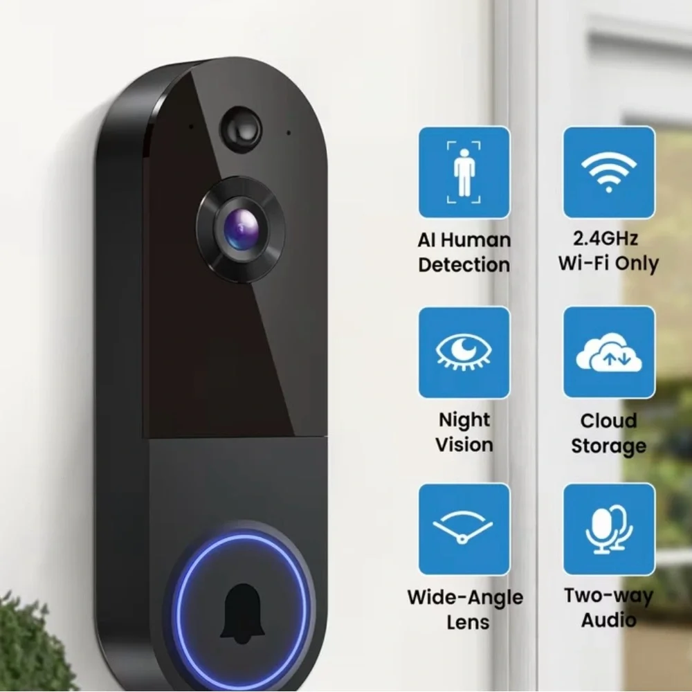 Smart Video Doorbell with AI Detection - Black